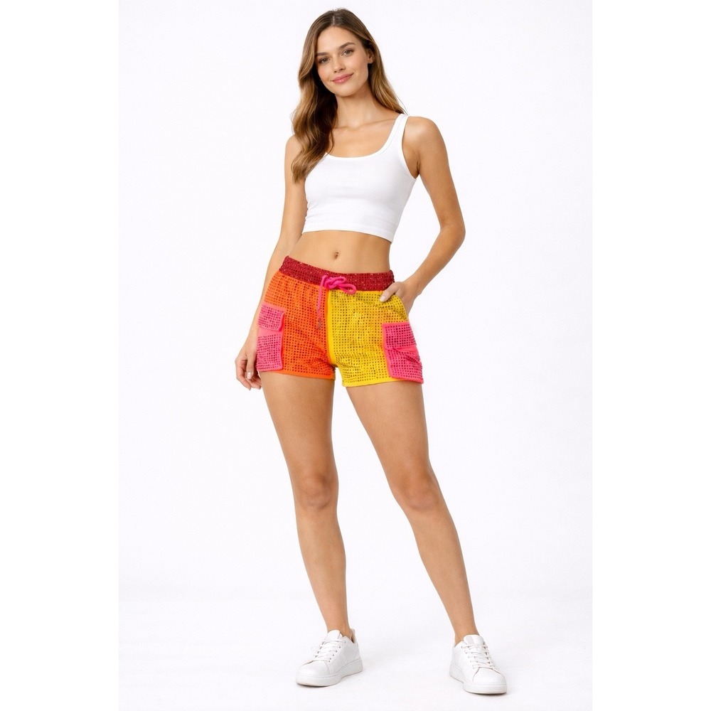 BANJUL Women Shorts, Hot Pants, Colorblock Rhinestone Sz M Neon Club wear Pocket